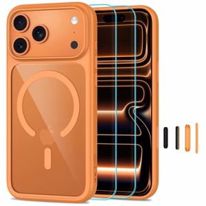 Tech-Protect MagOne CC MagSafe dėklas su 2 grūdintais stiklais, skirtas iPhone 18 Pro Max / 17 Pro Max, skaidrus oranžinis