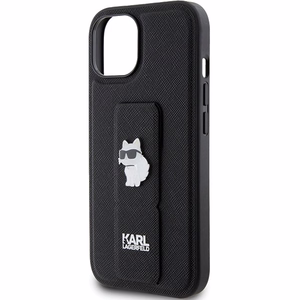 Karl Lagerfeld Gripstand Saffiano Choupette Pins dėklas telefonui iPhone 15 Plus / 14 Plus - juodas