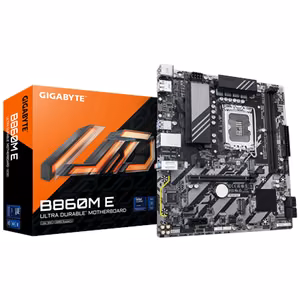 Gigabyte B860M E Processor family Intel Processor socket LGA1851 DDR5 Supported hard disk drive interfaces SATA, M.2 Number of SATA connectors 4