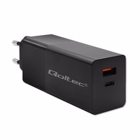 Qoltec 52382 GaN POWER PRO įkroviklis | 1xUSB tipo C | 1xUSB A | 100W | 5-20V | 1,5-5A | PD | Juoda