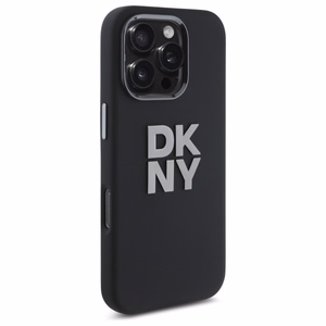 DKNY skystos silikoninės medžiagos dėklas telefonui su metaliniu logotipu iPhone 16 Pro Max - juodas
