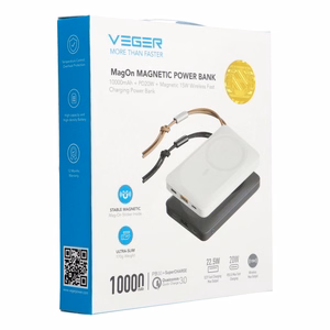 VEGER išorinė baterija 10000 mAh su belaidžiu įkrovimu, suderinama su MagSafe PD QC3.0 2A 20W MagOn (VP1151 / W1151) balta