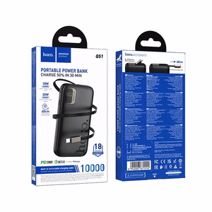 Išorinė baterija Hoco 10000 mAh QC PD 20W su ištraukiamu USB C laidu Q51 juoda