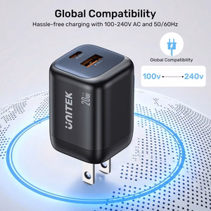 Unitek GaN tinklo įkroviklis USB-A ir USB-C 20W juodas