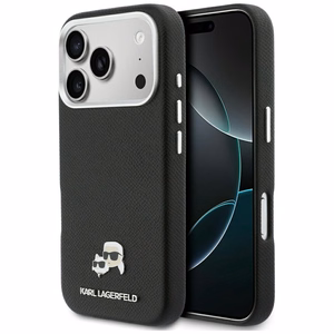 Dėklas Karl Lagerfeld PU Karl and Choupette Heads Pins MagSafe Apple iPhone 17 Pro juodas