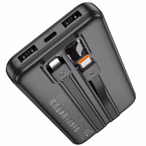 Išorinė baterija Hoco 10000 mAh 2A su įmontuotais kabeliais USB C + Lightning J118 juoda