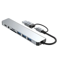 "Tech-Protect" HB06 HUB adapteris 8in1 TYPE-C + USB2.0 + USB3.0 + SD/TF + AV3.5 - pilkos spalvos