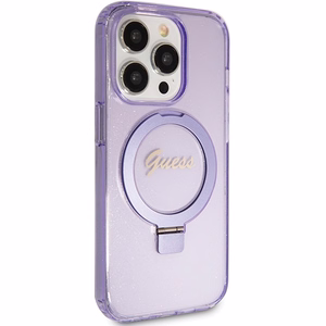 Guess dėklas telefonui su stovu Ring Stand Script Glitter magnetinis iPhone 15 Pro - violetinis