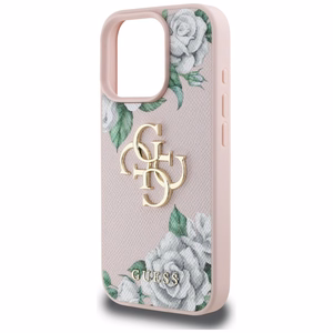 Guess Grained Roses Big 4G logo dėklas telefonui iPhone 16 Pro - rožinis