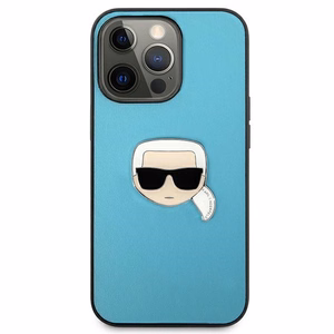 Karl Lagerfeld KLHCP13XPKMB iPhone 13 Pro Max 6,7" mėlynas kietas dėklas Leather Ikonik Karl`s Head Metal