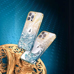 Prabangus iPhone 14 Pro dėklas su Kingxbar Phoenix kristalais - auksinis ir mėlynas