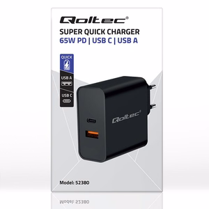 Qoltec 52380 Super greitas PD įkroviklis | 1xUSB-C | 1xUSB | 65W | 5-20V | 1,5-3,25A | Juoda
