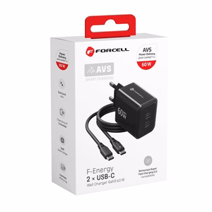 Forcell F-Energy GaN III Crystal Color VT-60 telefono įkroviklis, 2 × USB-C, AVS, SSFC3.0, 60 W, su USB-C–USB-C silikoniniu laidu, juodas