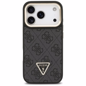 Guess 4G PU trikampio logotipo ir stovo kameros magnetinis dėklas telefonui iPhone 17 Pro - juodas