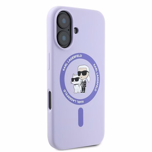 Karl Lagerfeld Silikoninis Karl&Choupette žiedas Magnetinis iPhone 16 dėklas - violetinis