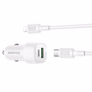 "Borofone" automobilinis įkroviklis BZ34B Cloud - USB + C tipo - QC 3.0 PD 38W su C tipo "Lightning" kabeliu, baltos spalvos