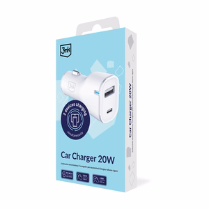 3mk automobilinis įkroviklis 20W PD 3.0 QC 3.0 USB 1A1C, baltas