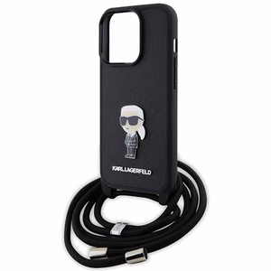 Karl Lagerfeld kryžminis Saffiano monograma metalinis ženkliukas Karl & Choupette dėklas telefonui iPhone 15 Pro - juodas