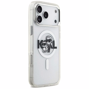 Karl Lagerfeld IML blizgantis Karl & Choupette eskizo logotipo magnetinis dėklas telefonui iPhone 17 Pro Max - skaidrus