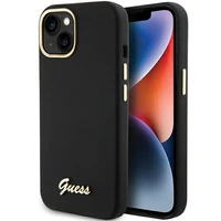 Guess silikoninis dėklas telefonui su metaliniu logotipu ir rėmeliu iPhone 15 - juodas