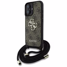 Guess 4G Big Logo Cord Stap dėklas telefonui iPhone 16 Plus - rudas