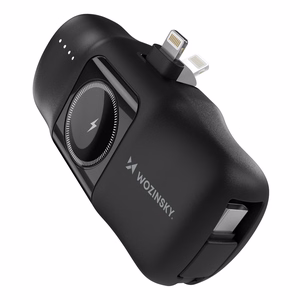 Wozinsky WF16-YLS 5000mAh 15W Lightning mini išorinė baterija su įmontuotu USB-C kabeliu ir Apple Watch įkrovikliu - juoda