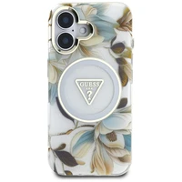 Guess Glitter Flowers Triangle Buttons Magnetinis dėklas telefonui iPhone 16 - baltas