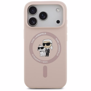Karl Lagerfeld silikoninis Karl&Choupette žiedinis magnetinis dėklas telefonui iPhone 17 Pro - rožinis