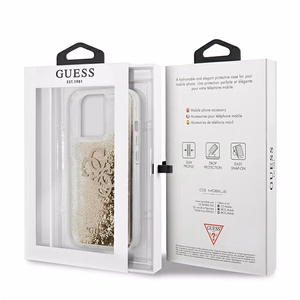 Guess 4G Big Liquid Glitter dėklas telefonui iPhone 13 Pro Max 6.7" - auksinis