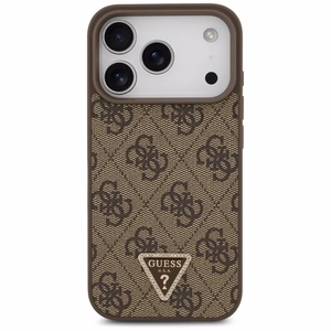 Guess Leather 4G Triangle Strass MagSafe dėklas iPhone 18 Pro / 17 Pro – rudas