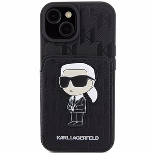 Karl Lagerfeld Saffiano Cardslots and Stand Monogram Ikonik Patch Dėklas telefonui iPhone 15 - juodas