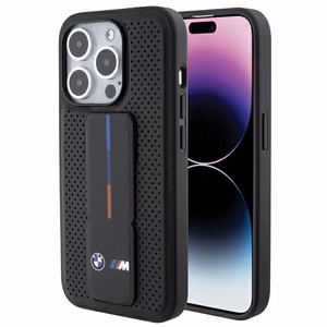 BMW su stovu lygus ir perforuotas dėklas telefonui iPhone 15 Pro - juodas