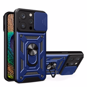 Hibridinis šarvuotas Camshield iPhone 15 Pro dėklas su stovu ir kameros dangteliu - mėlynas