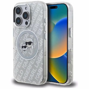 Karl Lagerfeld IML Glitter Karl & Choupette Heads Logo MagSafe dėklas iPhone 16 Pro - pilkas