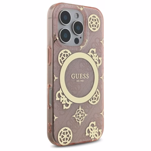 Guess IML Peony On 4G Background Magnetinis dėklas iPhone 16 Pro - rožinis