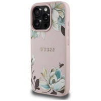 Guess Grained Printed Flower Pattern MagSafe dėklas telefonui iPhone 16 Pro rožinis