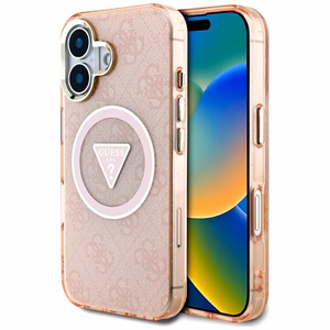 Guess IML Metal Glitter 4G Circle Triangle Magnetinis dėklas telefonui iPhone 16 - rožinis