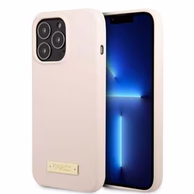 Guess GUHMP13LSPLP iPhone 13 Pro / 13 6.1" rožinis/rožinis kietas dėklas Silikoninis Logo Plate Magnetinis