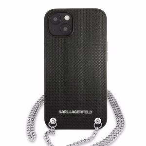 Karl Lagerfeld KLHCP13SPMK iPhone 13 mini 5,4 "juodas kietas dėklas Odinis tekstūruotas ir grandinė