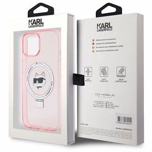 Karl Lagerfeld KLHMP15SHMRSCHP iPhone 15 6.1" rožinė/rožinė kietas dėklas su žiediniu stovu Choupette Head Magnetinis