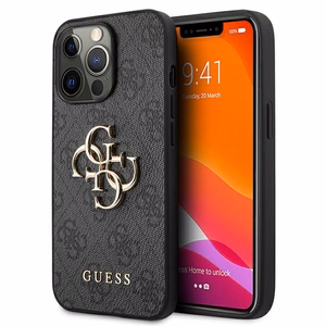 Guess GUHCP13L4GMGGR iPhone 13 Pro / iPhone 13 6.1 pilkas kietasis dėklas 4G Big Metal Logo
