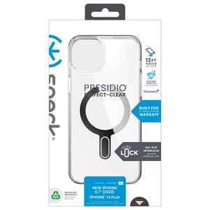 Speck Presidio Perfect-Clear MagSafe dėklas su ClickLock, skirtas iPhone 15 Plus / 14 Plus, skaidrus su chromo spalvos žiedu