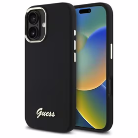 "Guess" silikoninis "iPhone 16 Plus" korpusas su metaliniu logotipu ir rėmeliu - juodas