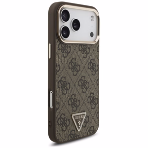 Guess PU Leather 4G Strass Triangle Logo Gold Frame MagSafe dėklas Apple iPhone 18 Pro Max, rudas