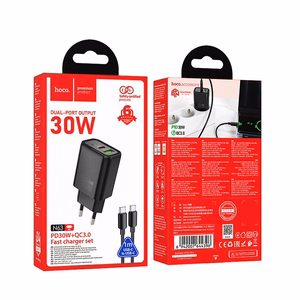 Įkroviklis telefonui Hoco USB A + USB C QC3.0 PD 3A 30W + kabelis USB C į USB C N63 juodas