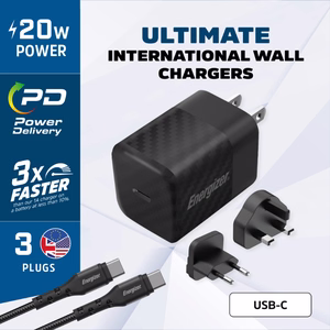 Energizer Ultimate A20MUC GaN kelioninis tinklo įkroviklis su EU / UK / US kištukais, USB-C, 20 W PD, su USB-C laidu, juodas