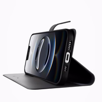 Puro ekologiškos odos dėklas iPhone 16E su horizontaliu atvartu, 2 kortelių lizdais ir banknotų kišene, juodas