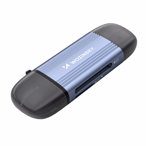 Pilkas aliumininis SD ir microSD atminties kortelių skaitytuvas Wozinsky WCR-5G su USB-A 3.0 / USB-C 3.0