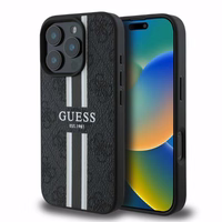 Guess 4G Spausdintų juostų MagSafe dėklas telefonui iPhone 16 Pro - juodas