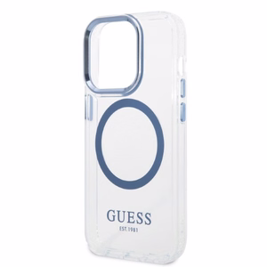 Guess GUHMP14XHTRMB iPhone 14 Pro Max 6.7" mėlynas kietas dėklas su metaliniu kontūru, magnetinis (MagSafe)